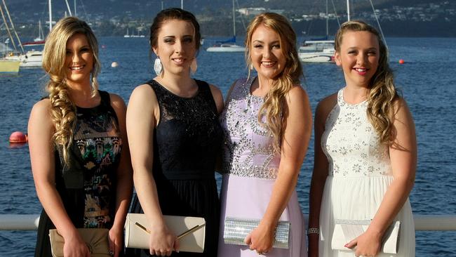 L to R: Megan Blackwell, Cassie Booth, Montanna Cate and Holly Scott at the Dominic School formal held at Wrest Point Casino on Monday 1 December Pic: Carolyn Docking