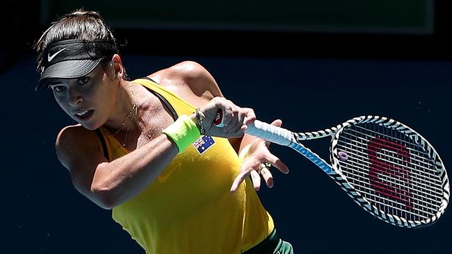 Ajla Tomljanovic was blown off the court by Kristina Mladenovic in the opening match of the Fed Cup final in Perth. Picture: AAP