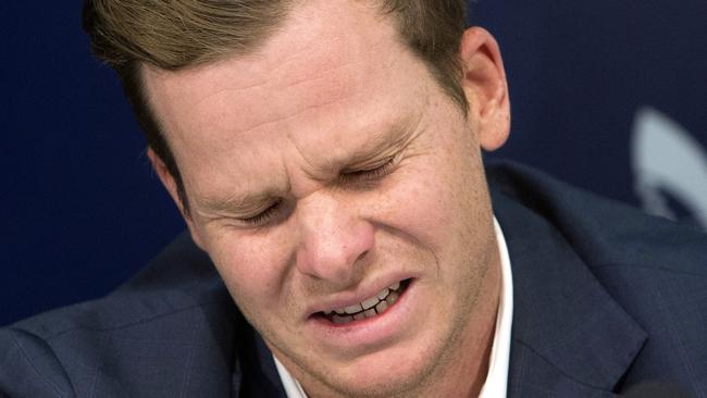 Former Australian cricket captain Steve Smith breaks down as he speaks to the media in Sydney, Thursday, March 29, 2018, after being sent home from South Africa following a ball tampering scandal. Picture: AP/Steve Christo.