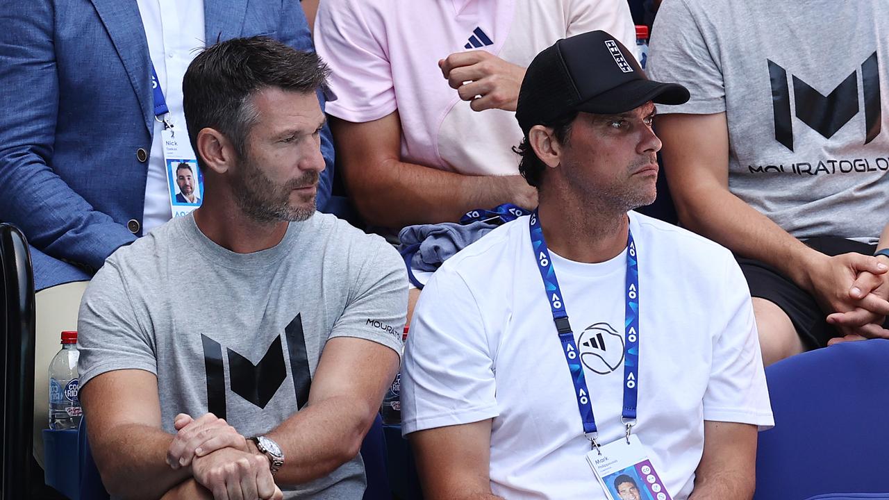 Mark Philippoussis sitting in the Tsitsipas box at the Aussie Open. Pic: Michael Klein