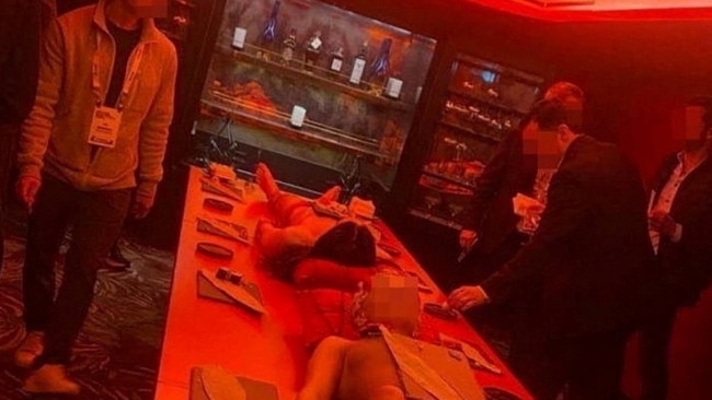 Inside the Copper Cryptocurrency company party featuring models with sushi placed upon their bodies. Photo: Supplied