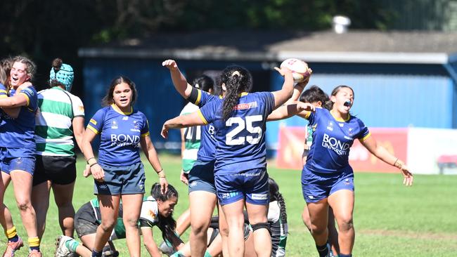 Bond players celebrate a win Club rugby women's semi-final Sunnybank v Bond. Saturday August 12, 2023. Picture, John Gass