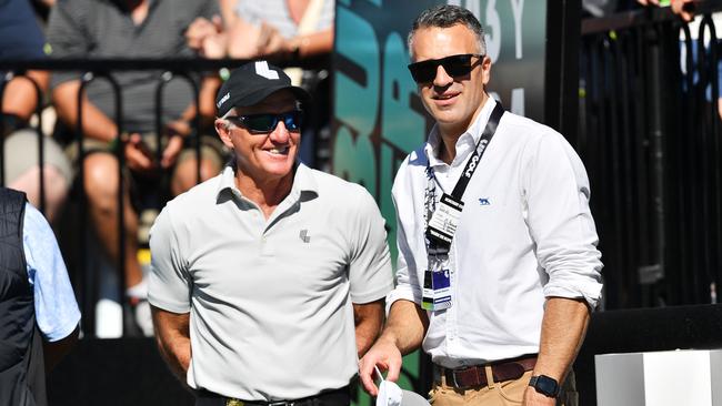 LIV chief executive Greg Norman and SA Premier Peter Malinauskas in Adelaide. Picture: Mark Brake/Getty Images