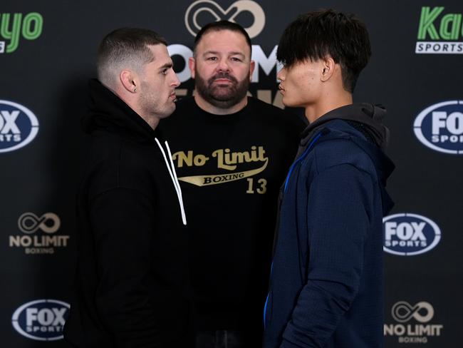 Hardman faces off with Kuzuki Kyohara ahead of their fight on Wednesday night. Picture: No Limit Boxing