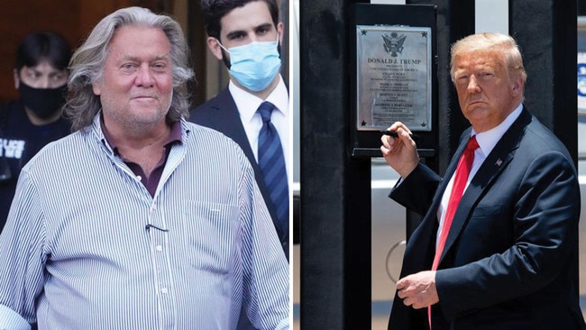 Donald Trump’s former Chief Strategist Stephen Bannon, left, exits Manhattan Federal Court after his arraignment on fraud charges. In June Mr Trump, right, signed a plaque at a ceremony commemorating the 200th mile of border wall. Pictures: AFP