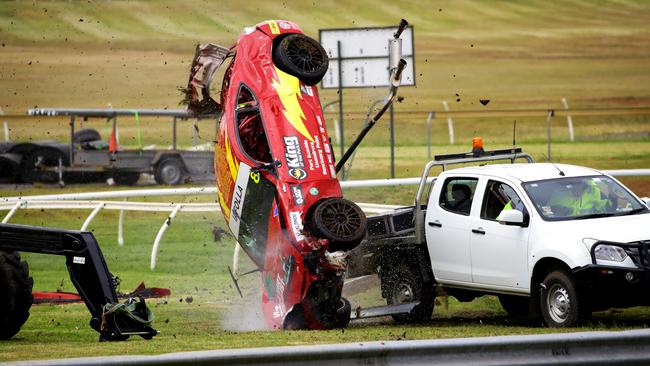 John Iafolla’s car flips. Picture: Ross Gibb