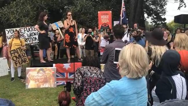 Anti-vaccination crowds listen to protesters speak. Picture: Facebook