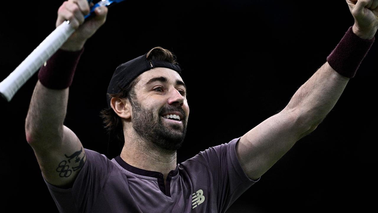 Jordan Thompson celebrates after powering past world No.7 Casper Ruud in the second round of the Paris Masters on Wednesday. Picture: Julien De Rosa / AFP