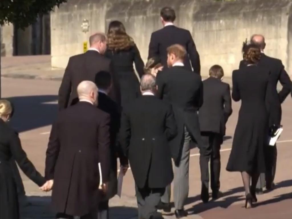 Prince Harry and Prince William walking together after the funeral service for Prince Philip. Picture: 7NEWS