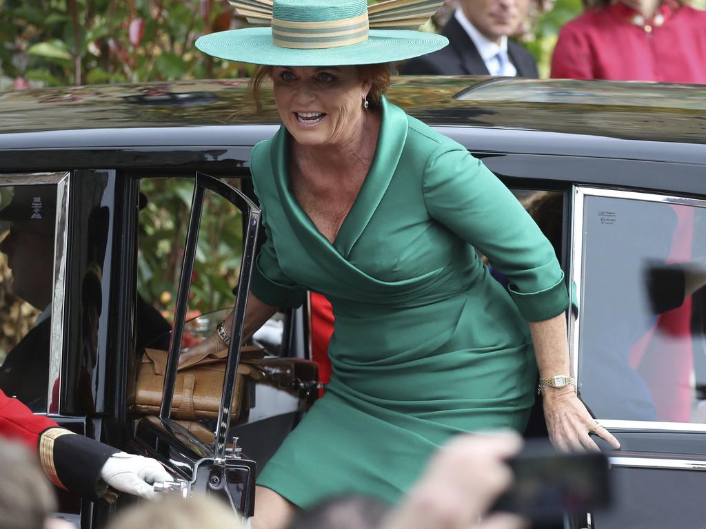 Sarah Ferguson arrives for the wedding of Princess Eugenie of York and Jack Brooksbank.  Picture:  AP