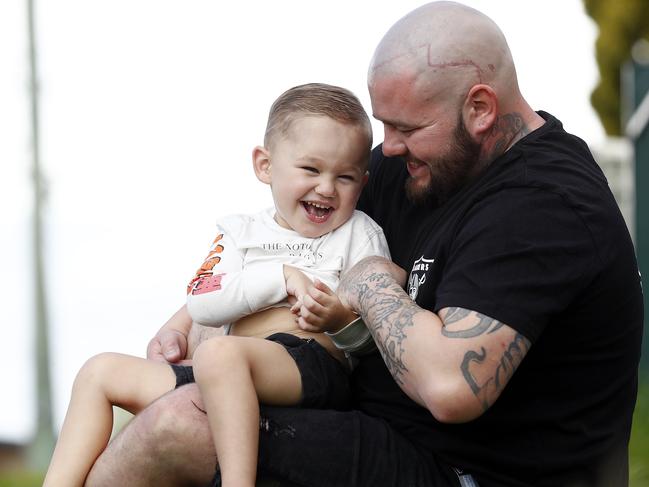 Griff Riley who got a tattoo across his head to match son Zavier’s scar. Picture. Picture: Sam Ruttyn