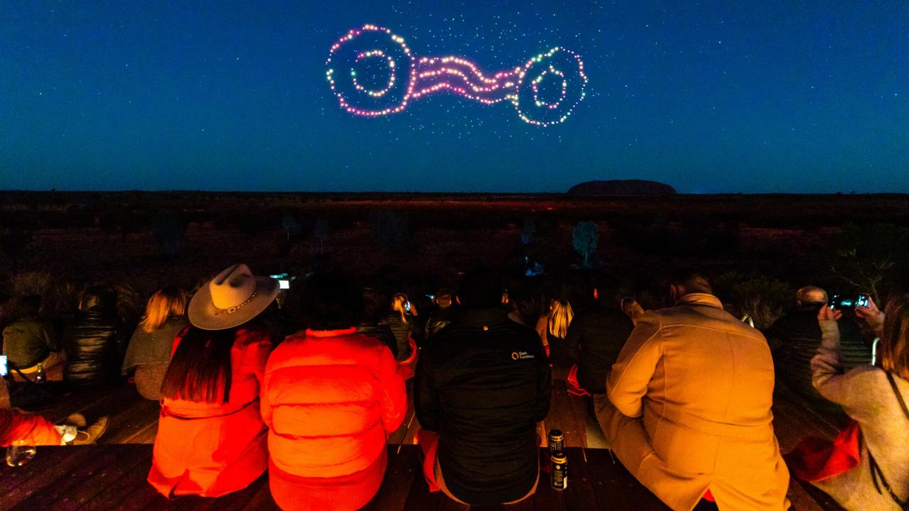 Wintjiri Wiru Songline Anangu share the Mala story, from Kaltukatjara to Uluru, through a drone, sound and light show designed and produced by RAMUS. Photo by Getty Images for Voyages Indigenous Tourism Australia. Escape 21 May 2023 Kings Canyon destination