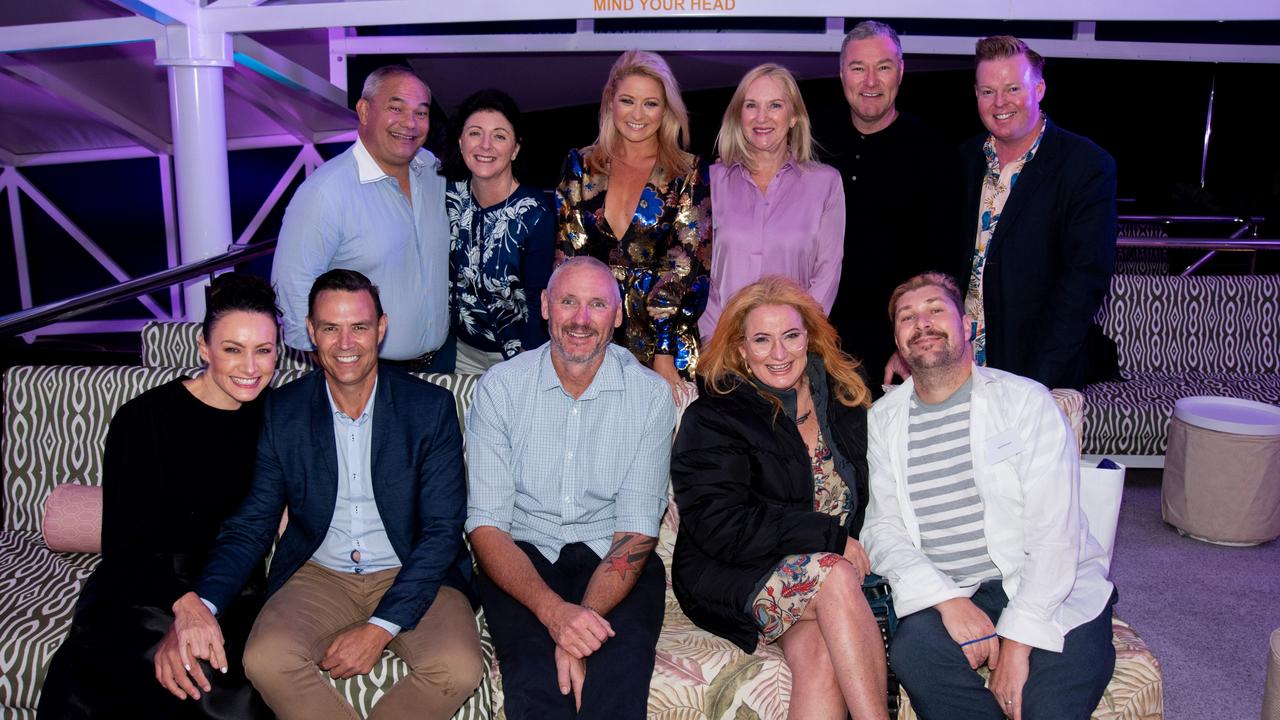 Back: Mayor Tom Tate, Ruth Tate, Carly Snodgrass, Stacey Langbroek, John-Paul Langbroek and Andrew Meadowcroft. Front: Samantha Reynolds, Cr Darren Taylor, Peter 'Spida' Everitt, Bridge Brousard, Jamie Brousard. Infomaps 20th Anniversary Party.