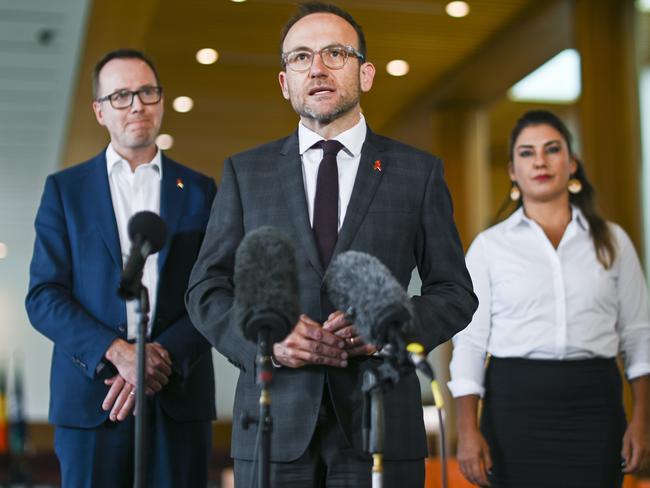 CANBERRA, AUSTRALIA - DECEMBER 1: Party leader of the Australian Greens Adam Bandt, Senator David Shoebridge and Senator Lidia Thorpe hold a press conference at Parliament House in Canberra. Picture: NCA NewsWire / Martin Ollman