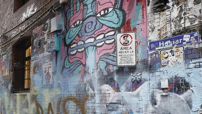 Hosier Lane street art after it was paint-bombed and destroyed. Picture: David Caird