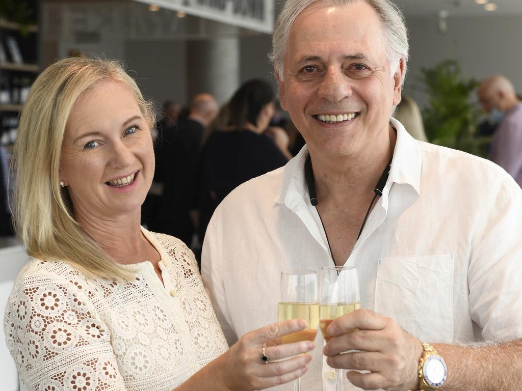 Sharon and Lee Zacharia who are heading to Brisbane for their thirteenth wedding anniversary were the very first guests to enter the lounge on Tuesday. Picture: NCA NewsWire / Naomi Jellicoe