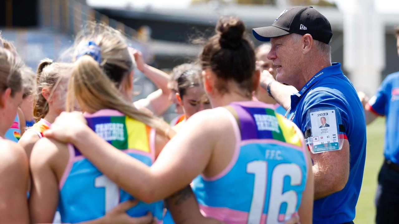 Western Bulldogs coach Nathan Burke with his players on Saturday. Picture: Dylan Burns/AFL Photos