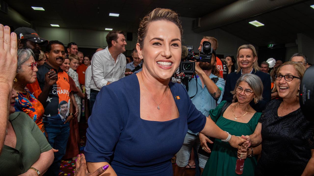 Country Liberal Party leader Lia Finocchiaro arrives to cheers after her party's 2024 Northern Territory election win. Picture: Pema Tamang Pakhrin