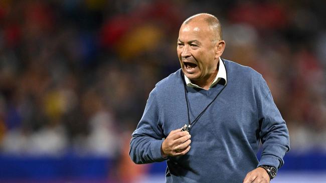 (FILES) Australia's head coach Eddie Jones is seen ahead of the France 2023 Rugby World Cup Pool C match between Wales and Australia at the OL Stadium in Decines-Charpieu near Lyon, south-eastern France on September 24, 2023. Rugby Australia said on October 31, 2023 it had accepted Eddie Jones' resignation as head coach of the Wallabies after just 10 months in the job, following their dismal showing at the World Cup. (Photo by SEBASTIEN BOZON / AFP)