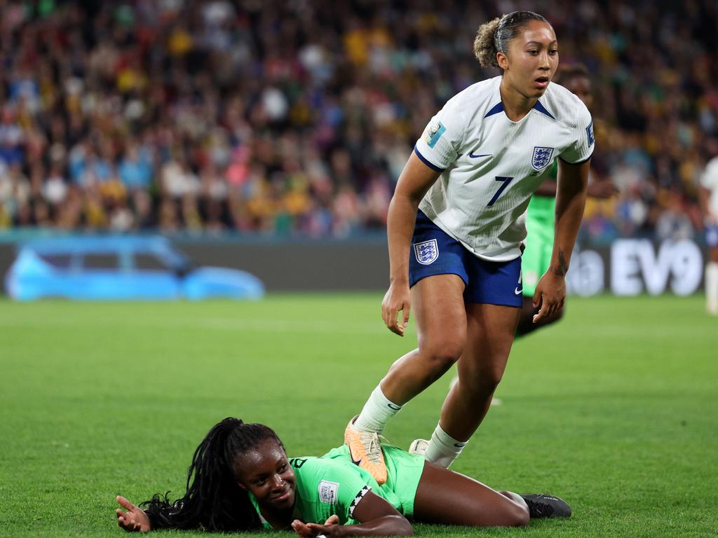 England star Lauren James will again be missing after earning a red card for this incident. Picture: Elsa – FIFA/FIFA via Getty Images