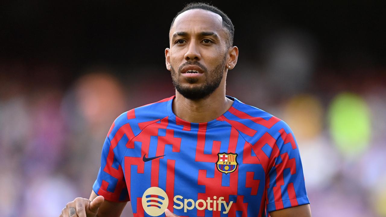 BARCELONA, SPAIN - AUGUST 28: Pierre-Emerick Aubameyang of Barcelona warms up prior to the LaLiga Santander match between FC Barcelona and Real Valladolid CF at Camp Nou on August 28, 2022 in Barcelona, Spain. (Photo by David Ramos/Getty Images)