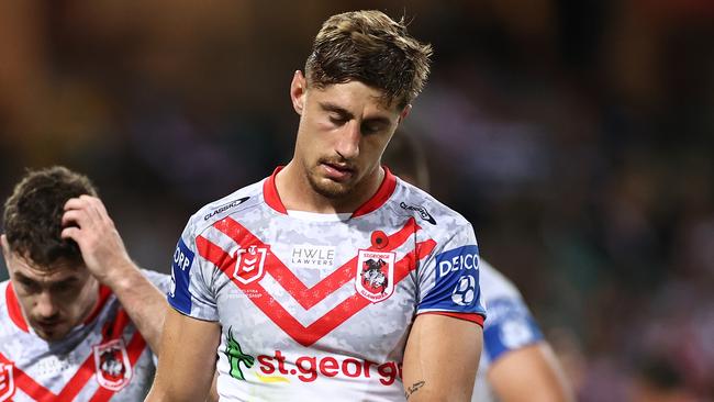 SYDNEY, AUSTRALIA - APRIL 25: Zac Lomax (R) of the Dragons reacts after losing the round seven NRL match between the Sydney Roosters and the St George Illawarra Dragons at the Sydney Cricket Ground, on April 25, 2021, in Sydney, Australia. (Photo by Cameron Spencer/Getty Images)