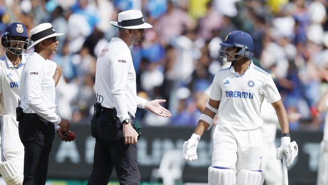 Yashasvi Jaiswal argues with the umpires after DRS overturned his not out decision sending the Indian on his way. Picture: Michael Klein