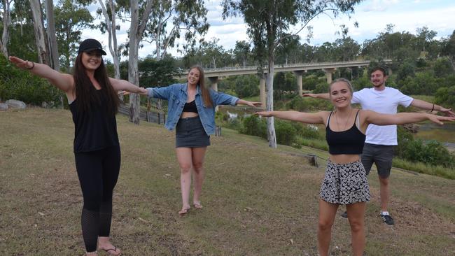 WELCOME TO TOWN: English backpackers Jessie Rhodes, Olivia Stafford, Rebecca Wesson, and Nick Robbins practising social distancing. Picture: Sam Turner