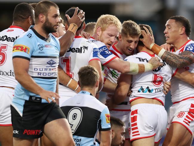 The Dragons celebrate Ben Hunt's try. Picture: AAP Image/Brendon Thorne