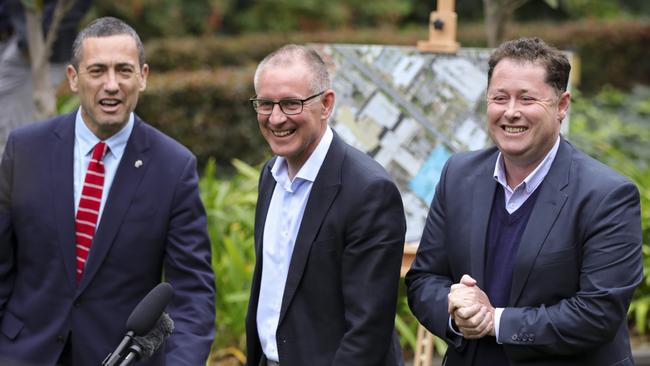 Treasurer Tom Koutsantonis, Premier Jay Weatherill and Health Minister Jack Snelling announce the Queen Elizabeth Hospital upgrade on Sunday. Picture: Matt Turner