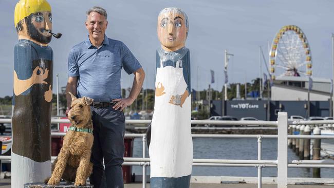 Deputy Prime Minister Richard Marles is pictured on Geelong’s waterfront with dog Humphrey. Picture: Phil Yeo