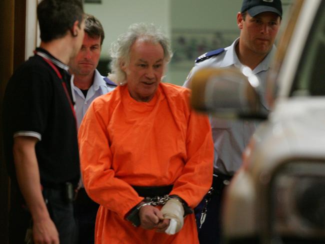 Convicted backpacker murderer Ivan Milat after getting treatment at the hospital for his left pinky finger. Picture: John Grainger