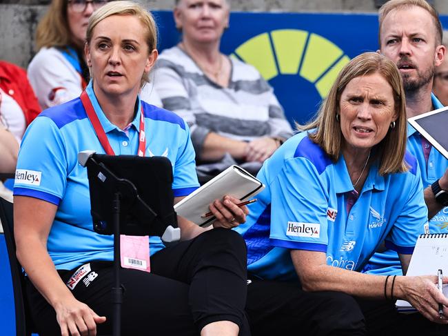 SYDNEY, AUSTRALIA - MARCH 23: Tracey Neville, head coach of the Mavericks (R) and Nicole Richardson, assistant coach of the Mavericks look on  during the 2024 Suncorp Team Girls Cup match between Melbourne Mavericks and West Coast Fever at  Ken Rosewall Arena on March 23, 2024 in Sydney, Australia. (Photo by Jenny Evans/Getty Images for Netball Australia)