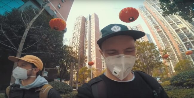 Skaters Rob Kellet and Josh Nielsen in Wuhan, the epicentre of the Coronavirus outbreak.