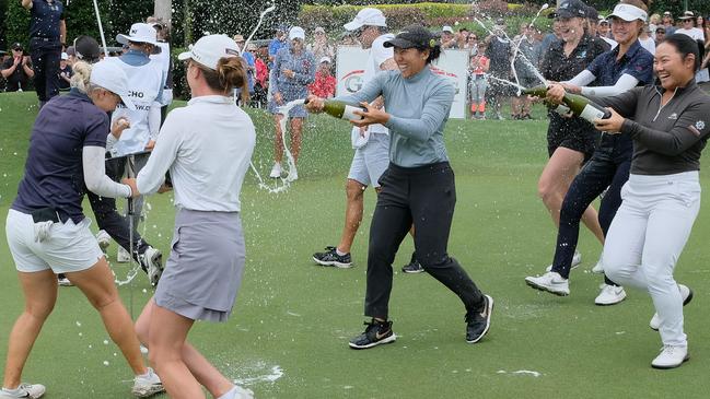 Stephanie Kyriacou celebrating her win at Bonville. Pic: David Tease/Golf NSW