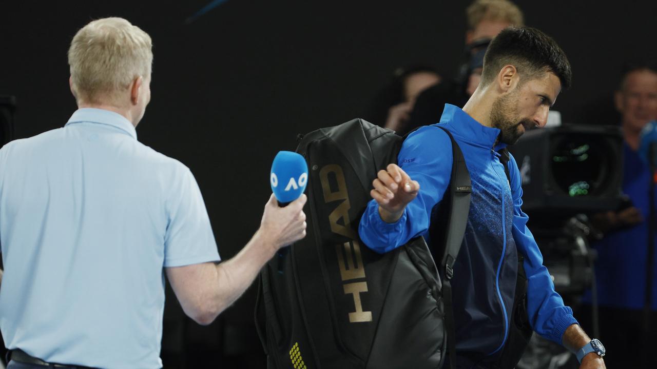 Djokovic didn’t stick around to chat to Jim Courier. Photo: Michael Klein