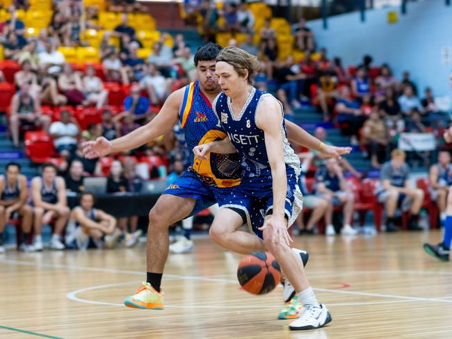 Joel De Barros dribbles the ball in Darwin Basketball Men's Championship Round 20: Ansett v Tracy Village Jets. Picture: Che Chorley