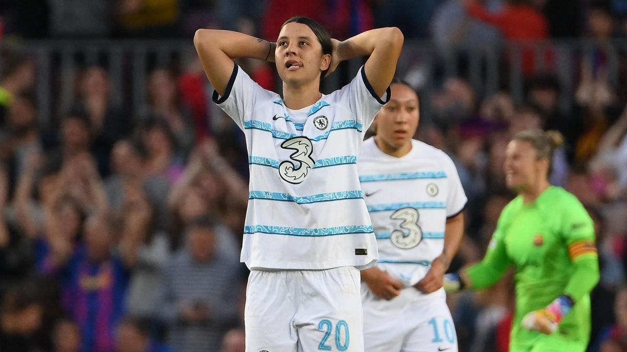 Sam Kerr’s Chelsea has been knocked out of the women’s UEFA Champions League semi-finals by Barcelona. (Photo by LLUIS GENE / AFP)
