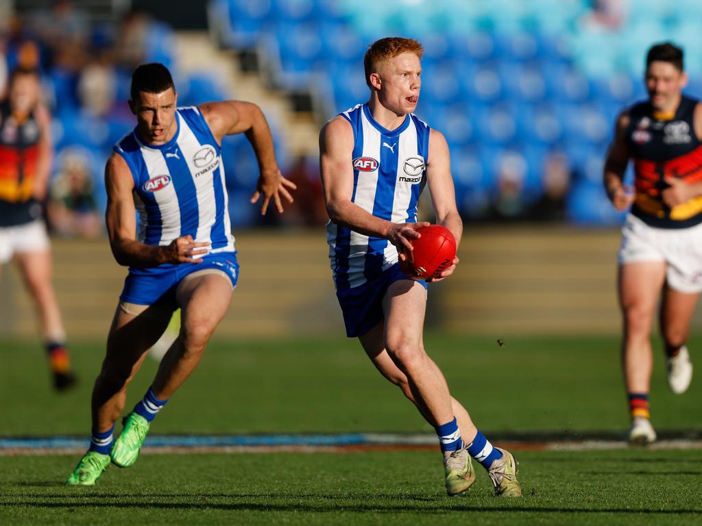 Blake Drury in possession for North Melbourne. Picture: Dylan Burns/AFL Photos via Getty Images