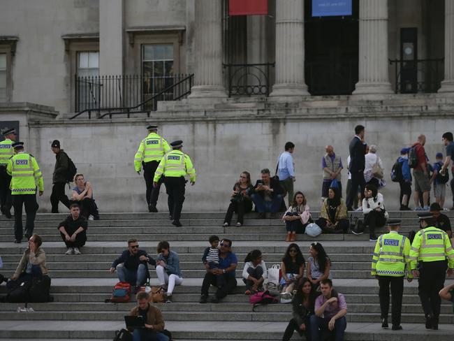 British police patrol through Trafalgar Square in central London on May 23. Picture: AFP