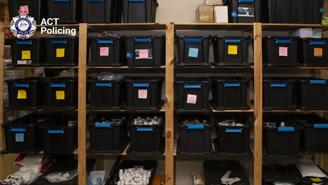 Shelving in Thomas Kelleher’s garage, which allegedly contained the suspected illegal pharmacy’s “warehouse”. Picture: ACT Policing