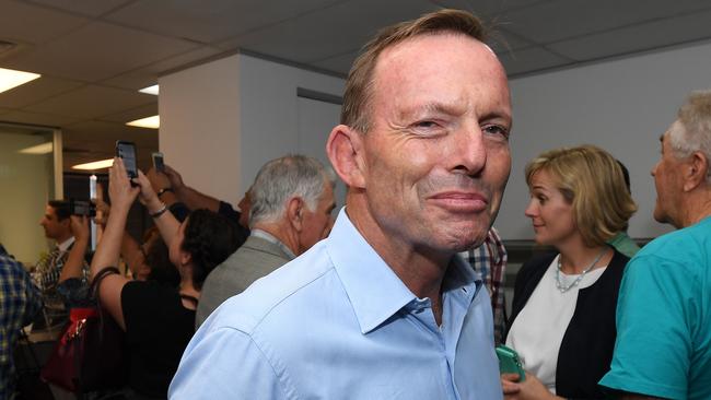 Many now have Mr Abbott as favourite for Warringah after a strong start for Ms Steggall. (AAP Image/Dean Lewins)