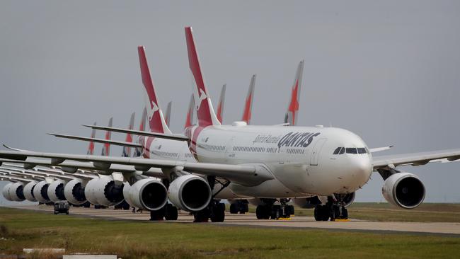 Grounded Qantas planes brought to a halt by coronavirus. Picture: Stuart McEvoy