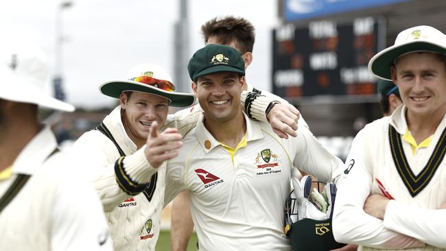 Steve Smith and Alex Carey all smiles on during day three of the Tour Match between Derbyshire CCC and Australia at The County Ground. Picture: Ryan Pierse/Getty Images