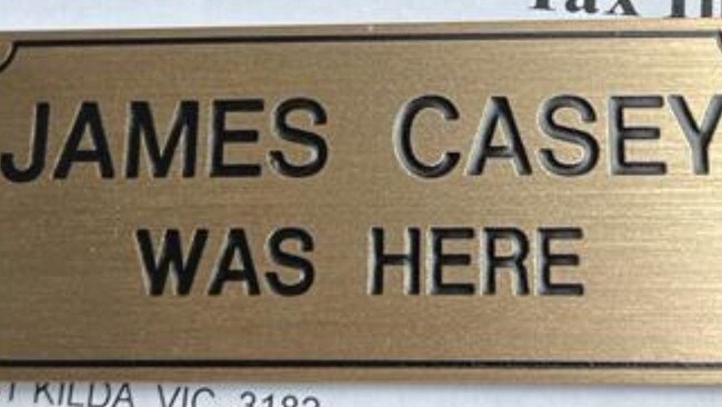 The plaque unveiled at a Melbourne restaurant on Thursday in memory of James Casey on what would have been his 27th birthday.