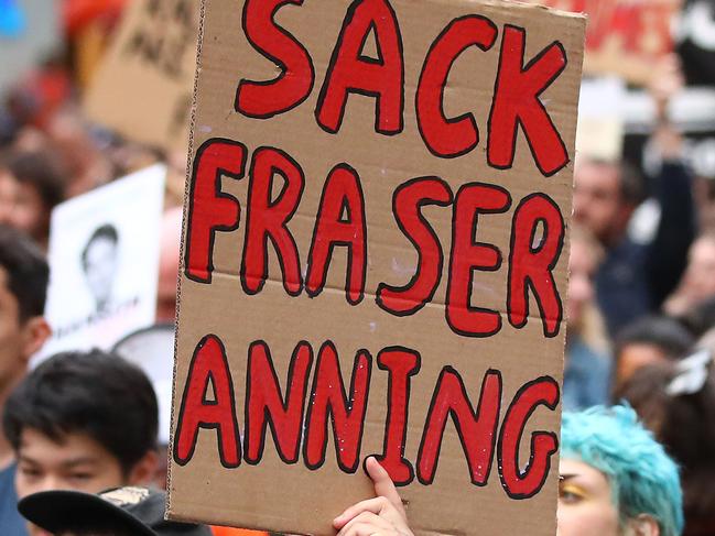 MELBOURNE, AUSTRALIA - MARCH 19: Protesters hold placards aloft as they march during the Stand Against Racism and Islamophobia: Fraser Anning Resign! rally on March 19, 2019 in Melbourne, Australia. The protesters are calling for the resignation of Senator Fraser Anning, following the statement he issued within hours of the Christchurch terror attacks on Friday 15 March, linking the shootings at two mosques to immigration. Those attacks killed 50 people and have left dozens more injured. The accused attacker, 28-year-old Australian, Brenton Tarrant, has been charged with murder and remanded in custody until April 5. The attack is the worst mass shooting in New Zealand's history. (Photo by Scott Barbour/Getty Images)