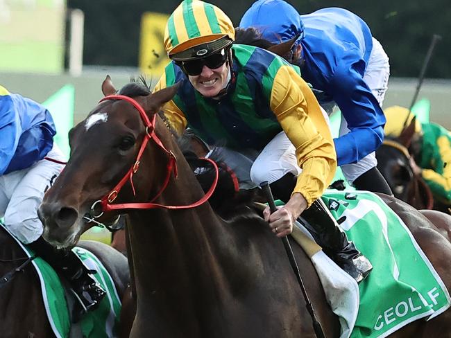 SYDNEY, AUSTRALIA - OCTOBER 05: Chad Schofield riding Ceolwulf  wins Race 9 TAB Epsom  during Sydney Racing at Royal Randwick Racecourse on October 05, 2024 in Sydney, Australia. (Photo by Jeremy Ng/Getty Images)