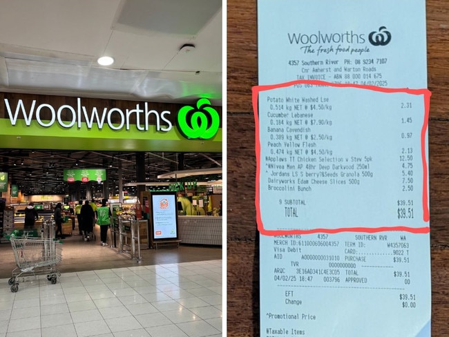 A frustrated customer has taken to social media after receiving an excessively long Woolworths receipt after buying just nine items. Picture: Reddit