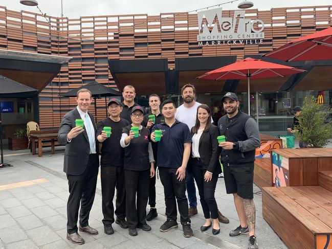 The launch of Green Caffeen with Inner West mayor Darcy Byrne and shop owners at Marrickville Metro.