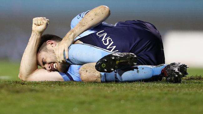 Sydney FC defender Ben Warland did his knee at Leichhardt Oval on Sunday. Picture: Getty Images 